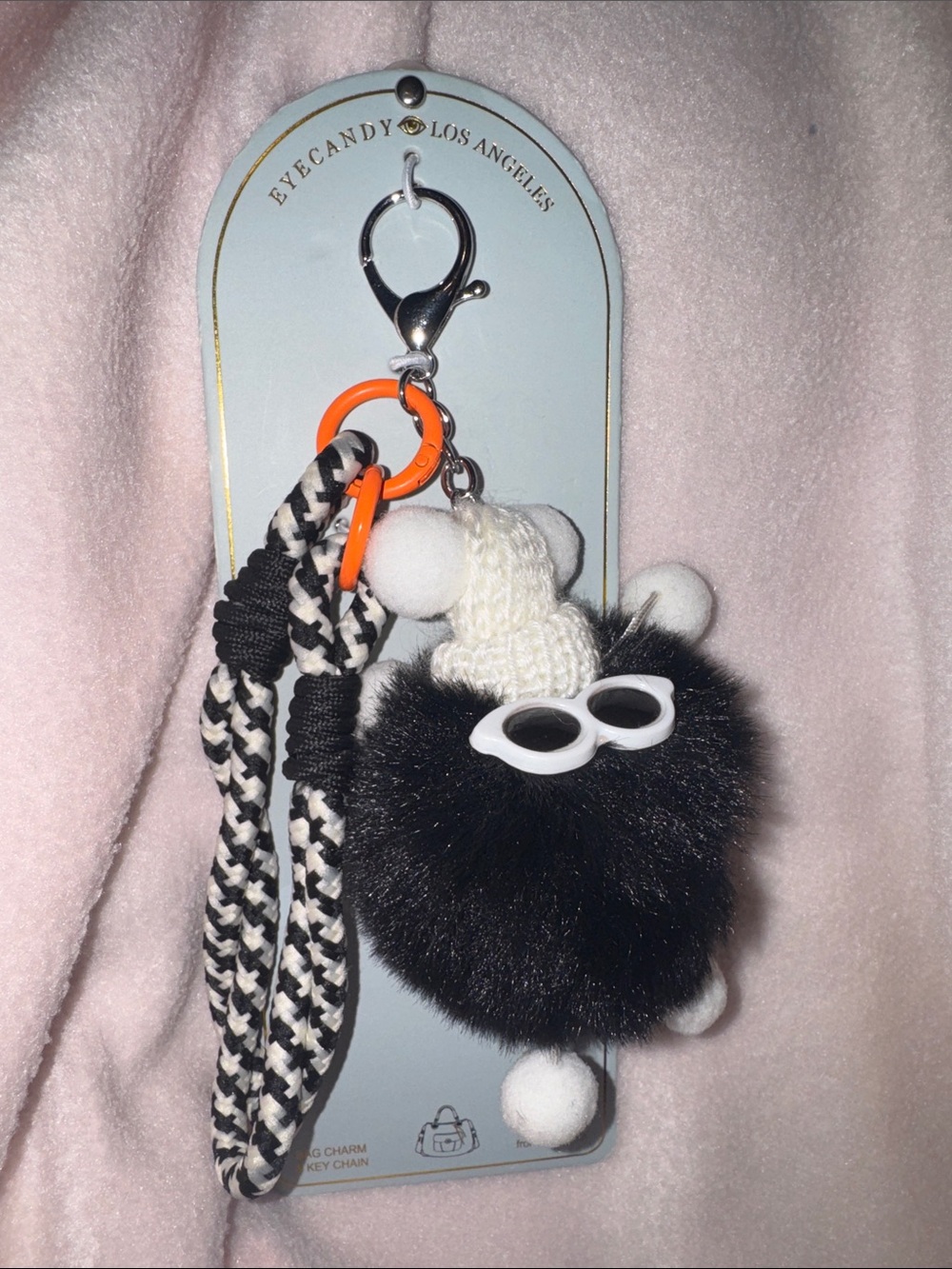 Eye Candy FauxFur Pom Keychain with White Knit Hat and Sunglasses